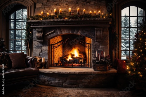 Cozy interior showcasing a roaring fireplace adorned with Christmas decor 