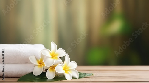 Spa salon design template frangipani flowers towel copy space