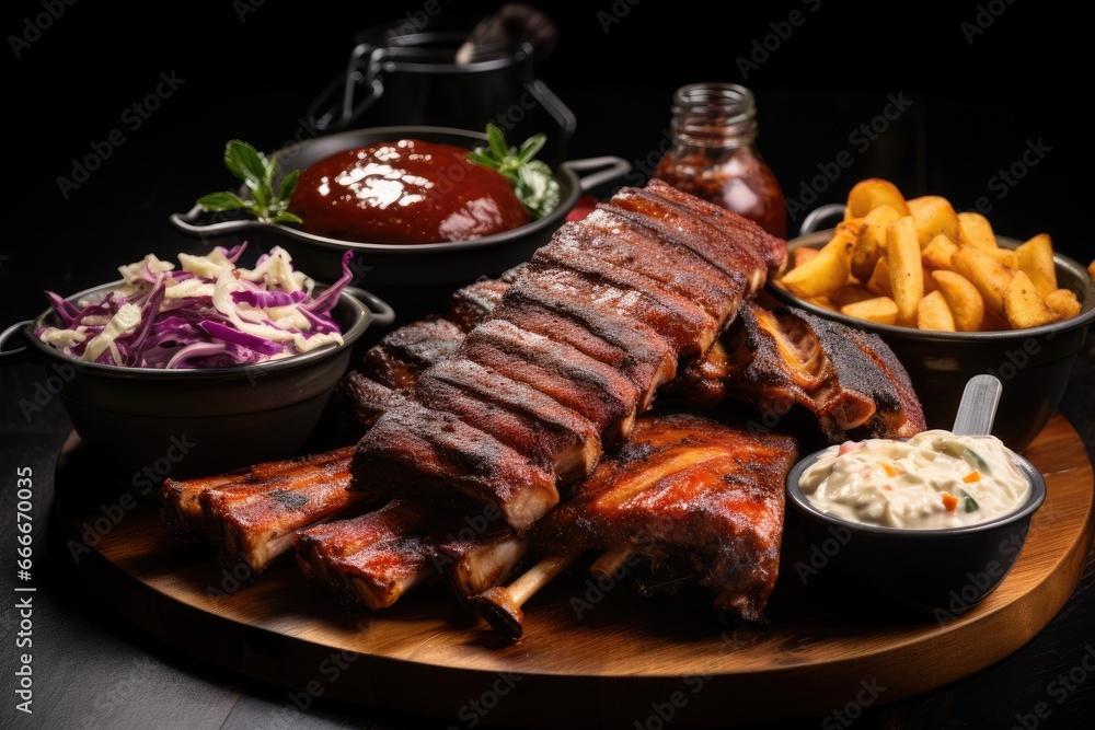  a wooden platter with ribs, coleslaw, coleslaw, and fries.  generative ai