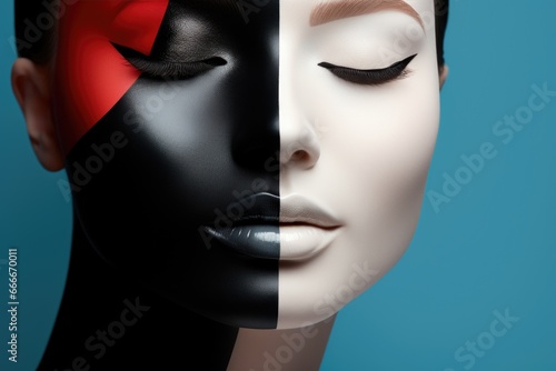 An image of a beautiful woman with beautiful black, white and red makeup. Concept of beauty, style and tranquility © koplesya