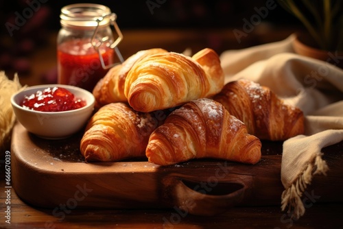 croissants and jam on a cutting board with a jar of jelly.  generative ai