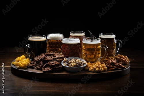  a platter of beer, snacks, and snacks on a table.  generative ai