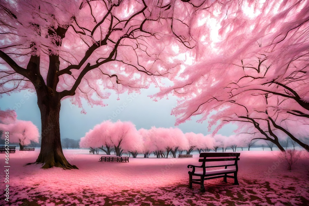 pink trees  leaves falling with snow in winter season with bench avaliable amazing view 