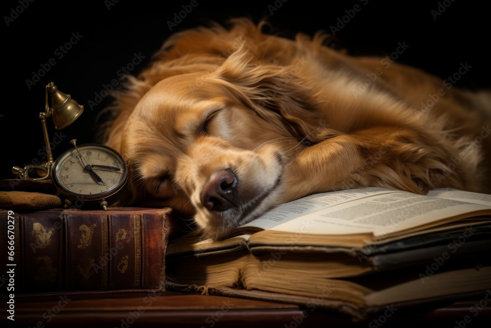 Dreamy Dog asleep reading. Relax clever home. Generate Ai - obrazy, fototapety, plakaty 