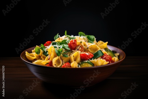  a bowl of pasta with spinach, tomatoes and cheese.  generative ai