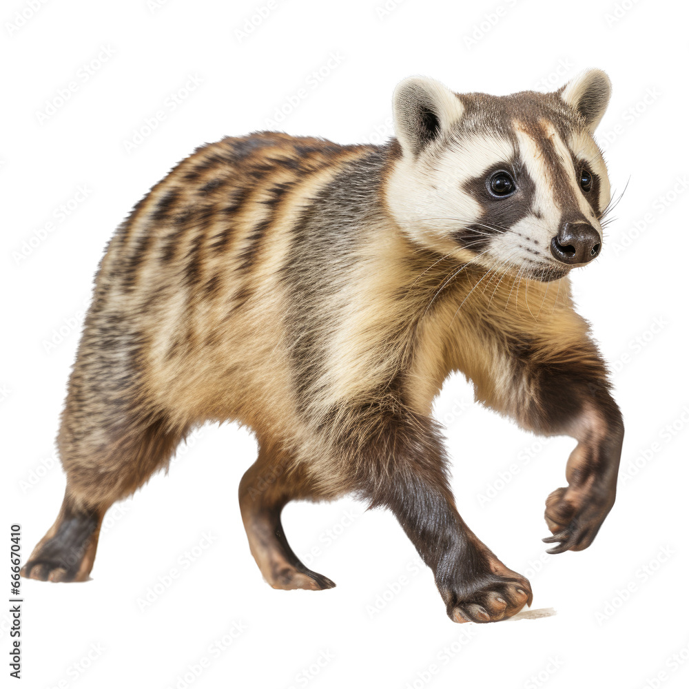 a Badger in motion, 3/4 view as an isolated and transparent PNG in a Nature-themed, photorealistic illustration. Generative ai 