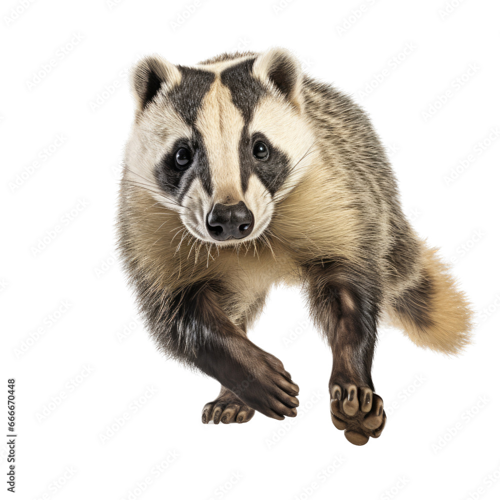 a Badger in motion in a front view as an isolated and transparent PNG in a Nature-themed, photorealistic illustration. Generative ai a Badger in motion in a front view as an isolated and transparent PNG in a Nature-themed, photorealistic illustration. Generative ai