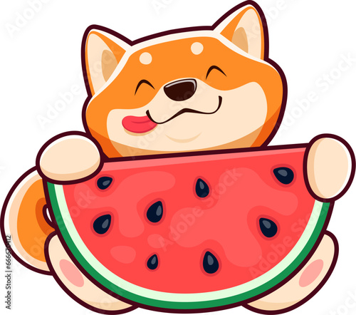 Cartoon happy Shiba Inu dog eating watermelon, cute kawaii pet character, vector animal. Kids personage of cute Shiba Inu puppy dog with yummy watermelon, baby mascot or emoji emoticon dog