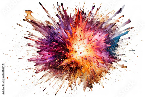 Abstract colorful powder explosion. Paint or cosmetics burst on white background.