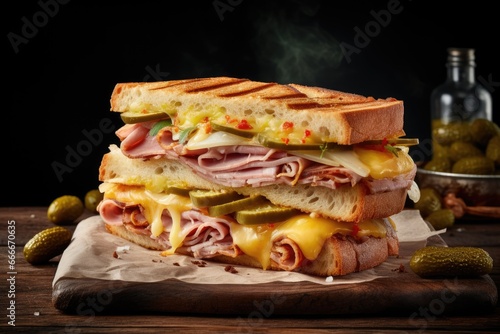  a sandwich with ham, cheese, and pickles on a cutting board.  generative ai