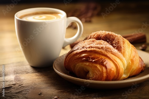  a cup of coffee and a croissant on a plate. generative ai