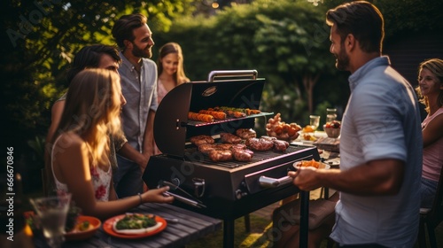 A group of people standing around a bbq grill