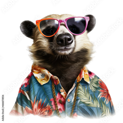 a Badger with sunglasses and a Hawaiian shirt, in an isolated and transparent PNG in a Chill-themed, photorealistic illustration. Generative ai © Purple Penguin GFX