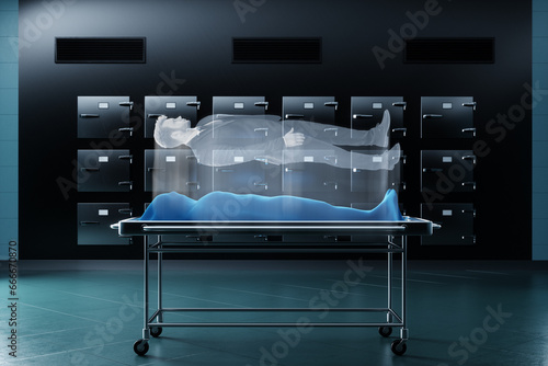 Canvas Print The soul flies out of the corpse covered with a cloth, the spirit leaves the body