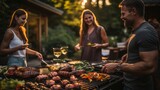A man grilling food on a grill while two women watch