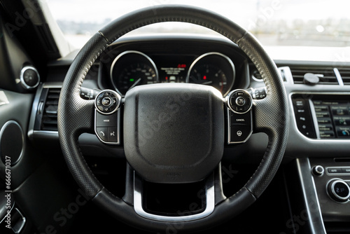 Car Steering Wheel, Steering Wheel, Car Interior, Car Interior Black, Driver's Seat, Dashboard. © Aleksey