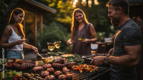 A man grilling food on a grill while two women watch