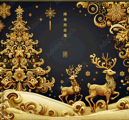 Wallpaper Mural Traditional gold tone corporate holiday card with Christmas tree. Reindeer, bird, ornate flower frame Background and copy space. Torontodigital.ca