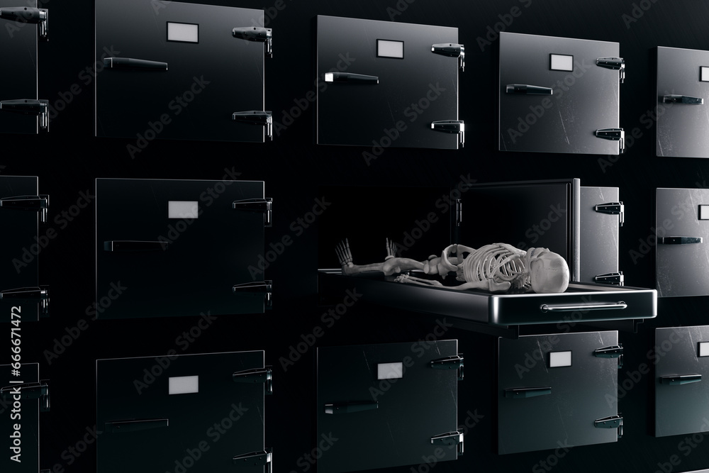 A human skeleton lies on a table in the morgue. Concept of exhumation, death, autopsy, cause of death, funeral, funeral services. 3D illustration, 3D render, copy space. A human skeleton lies on a table in the morgue. Concept of exhumation, death, autopsy, cause of death, funeral, funeral services. 3D illustration, 3D render, copy space.