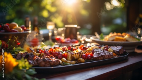A Table Set With Delicious BBQ meat, vegetables, Bread and salad.