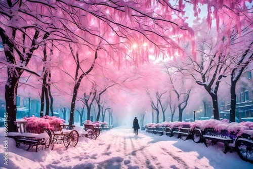 pink trees  leaves falling with snow in winter season with bench avaliable amazing view  photo