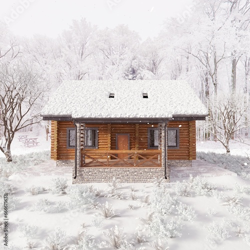 wooden house in the snow