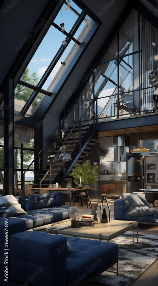 Modern interior with many windows with a direct view into the nature. Stairs leading to the second floor. Modern and cozy living room. AI generated.