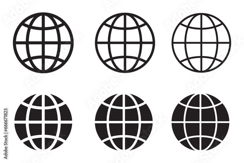 Globe icon, WWW world wide web set site symbol, Internet collection icon, website address globe, flat and outline signs.