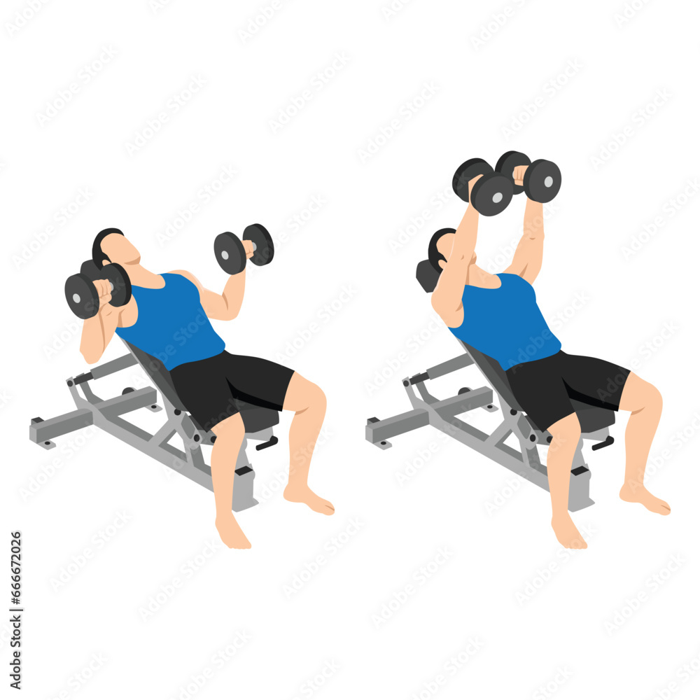 Man doing incline dumbbell bench press twist exercise. Flat vector illustration isolated on white background