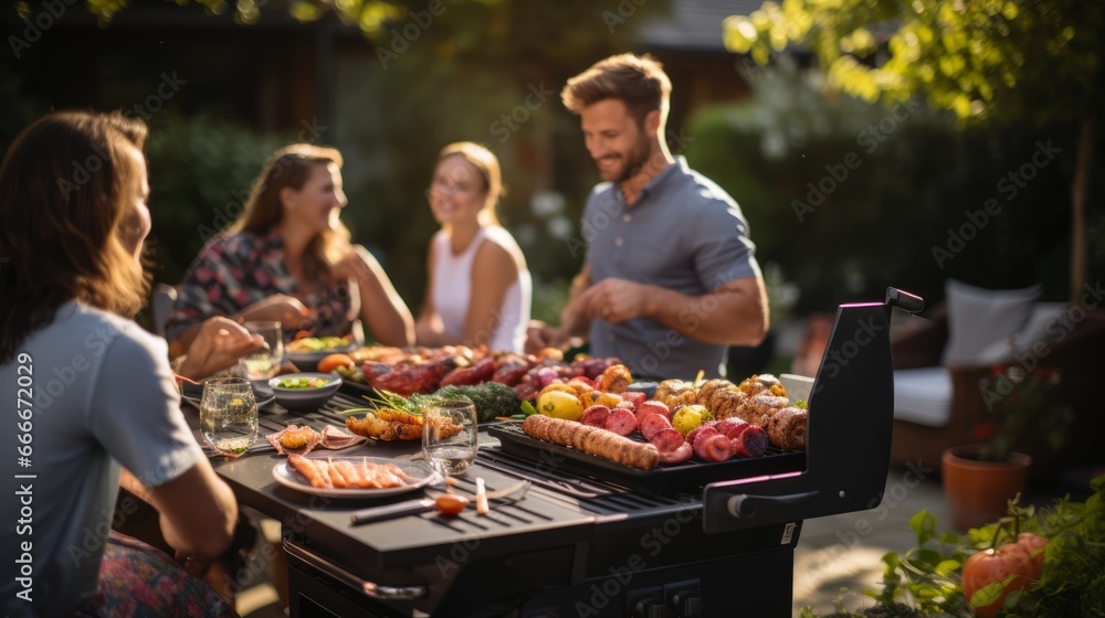 A group of people sitting around a bbq with food on it. A group of people sitting around a bbq with food on it.