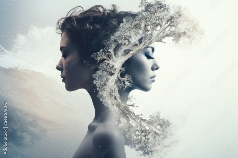 The image of a split personality. Fight with your inner world. Yin and Yang. Black and white The image of a split personality. Fight with your inner world. Yin and Yang. Black and white