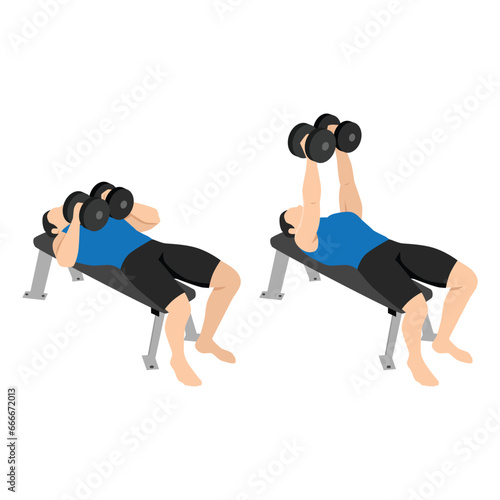 Man doing laying dumbbell svend press exercise. Flat vector illustration isolated on white background