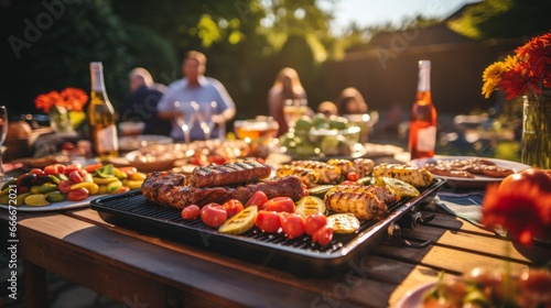 A table full of food and drinks with people in the background