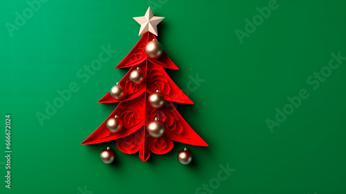 a red paper Christmas tree decorated with golden balls and a white star on a green background