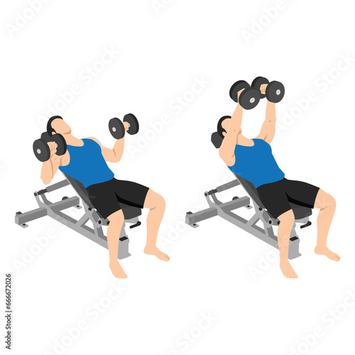 Man doing incline dumbbell bench press twist exercise. Flat vector illustration isolated on white background