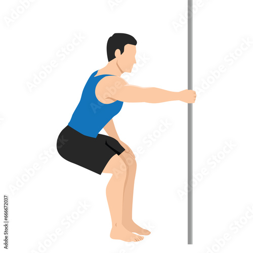 Man doing latissimus dorsi back stretch. Man holding bar static stretch. Flat vector illustration isolated on white background