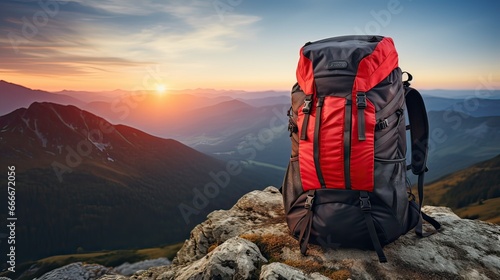 Backpack on the top of the mountain with sun behind it