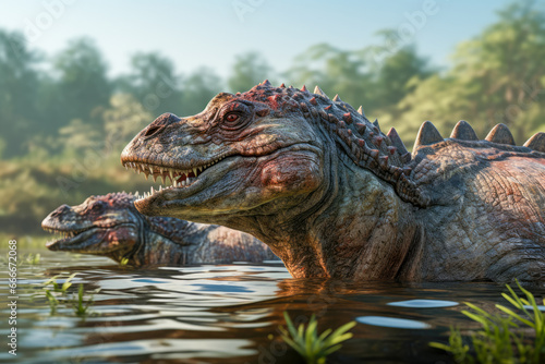 two ancient dinosaur reptiles in the water © mila103