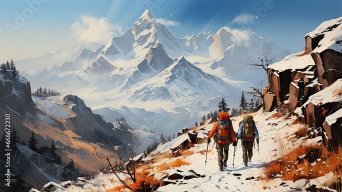 Couple Hikers with backpacks walking in a tall mountain
