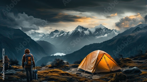 Fantasy landscape with mountain, lake and a person having camp
