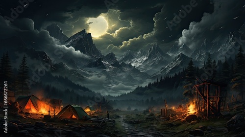 Fantasy landscape with mountain, lake and camps having woods on fire