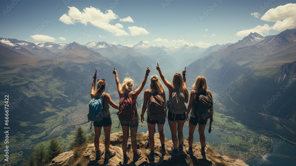 Obraz premium Group of hikers with backpacks standing on top of a mountain