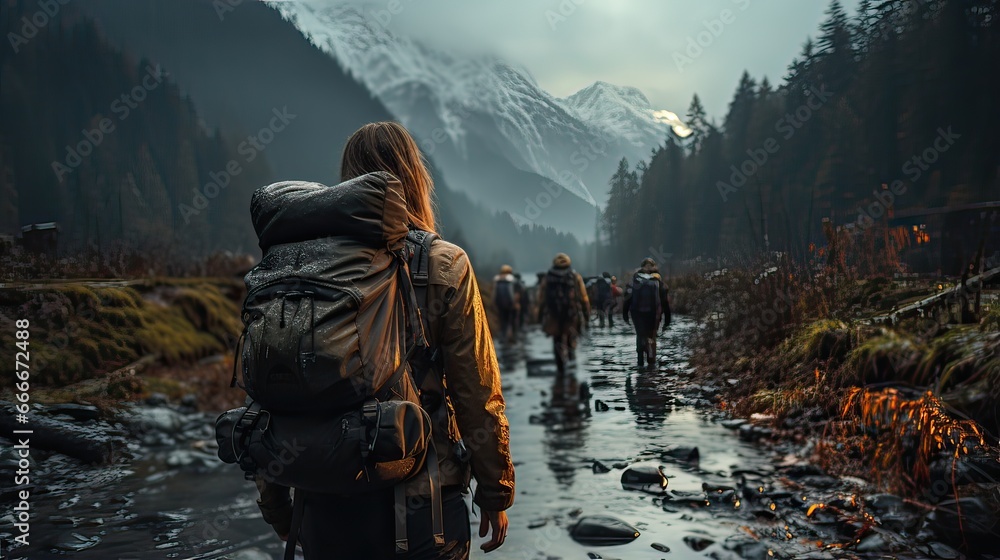 Hikers with backpacks walking in a mountain stream with snow capped mountains in the background - obrazy, fototapety, plakaty 