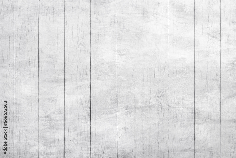 Fototapeta premium Texture of white wooden background. Light wallpaper with old crack texture. Vintage decorative nature wall concept, scratch surface mockup. Abstract vertical grunge backdrop. Top view, copy space