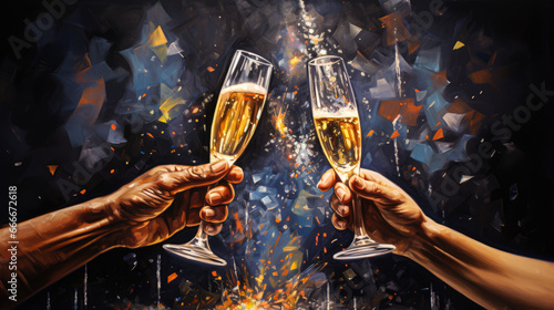 Two champagne glasses with splashes on bokeh background. New Year celebration