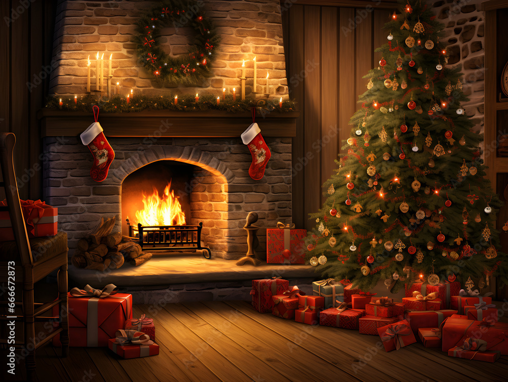 Cozy interior of a home during Christmas, where a glowing tree takes center stage, casting a warm and inviting light throughout the room. Generative AI Cozy interior of a home during Christmas, where a glowing tree takes center stage, casting a warm and inviting light throughout the room. Generative AI