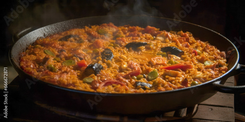 Traditional Spanish cuisine. Valencian paella. Generative AI.