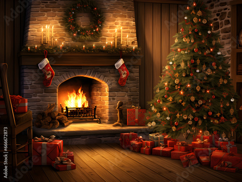 Cozy interior of a home during Christmas  where a glowing tree takes center stage  casting a warm and inviting light throughout the room. Generative AI