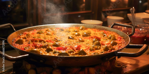Traditional Spanish cuisine. Valencian paella. Generative AI.