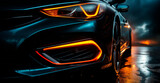 Modern sports car, headlights on at night - AI generated image